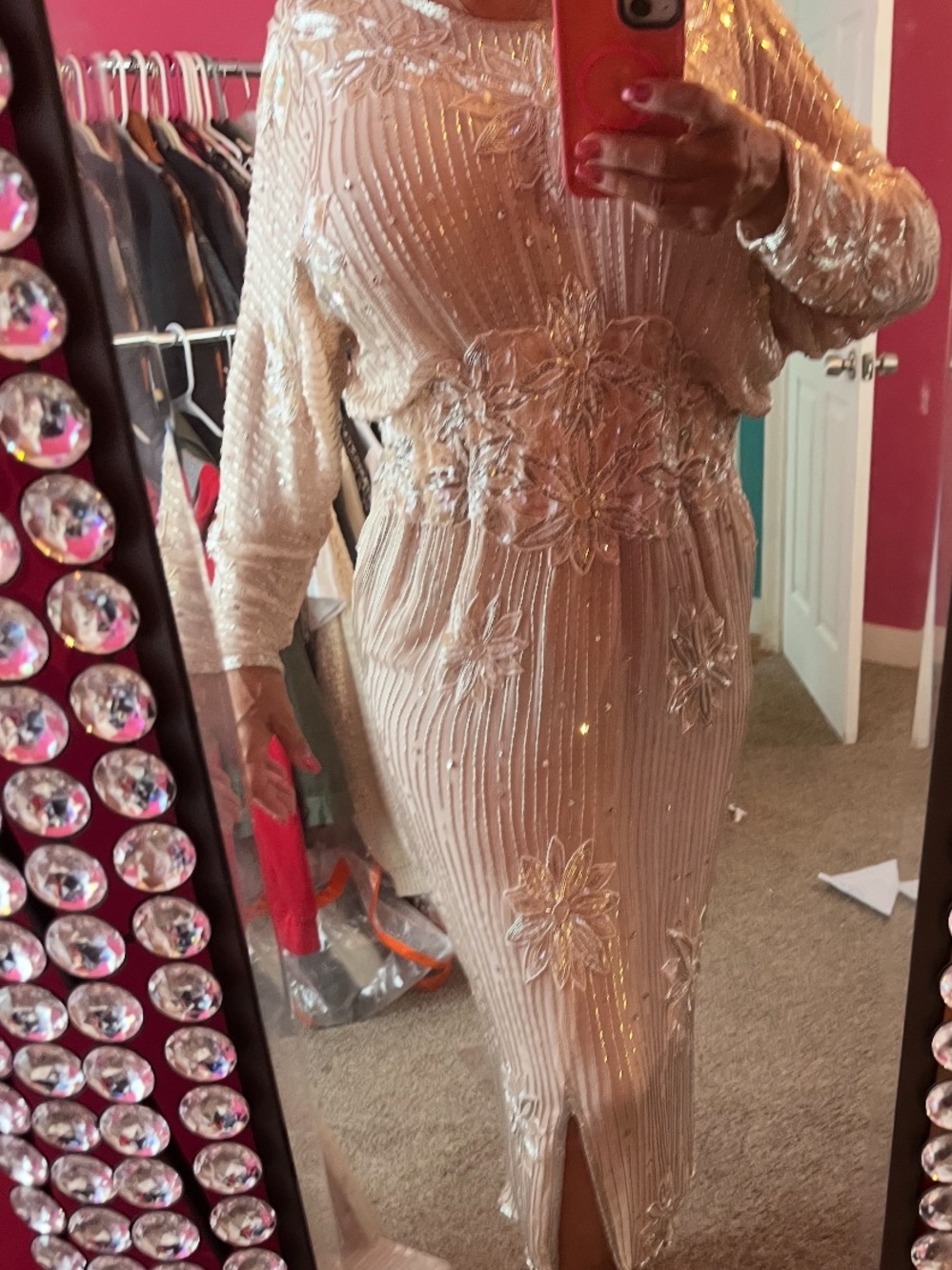 Beaded Nude/Beige Long Sleeve Evening Dress Silk and Glass Beading